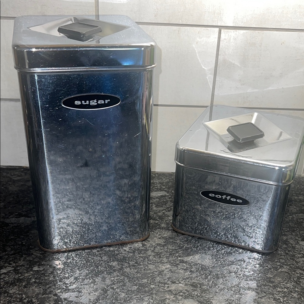 Chrome Sugar and Coffee Canister Set. Diamond shape knobs.